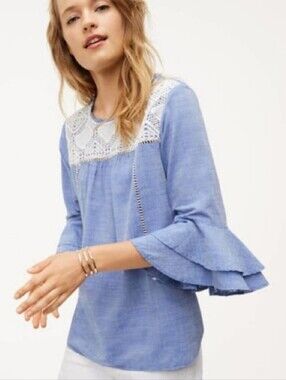 LOFT Crochet Lace Top  Blue  Tiered Bell 3/4 Sleeve Cotton Blouse Top  XL
